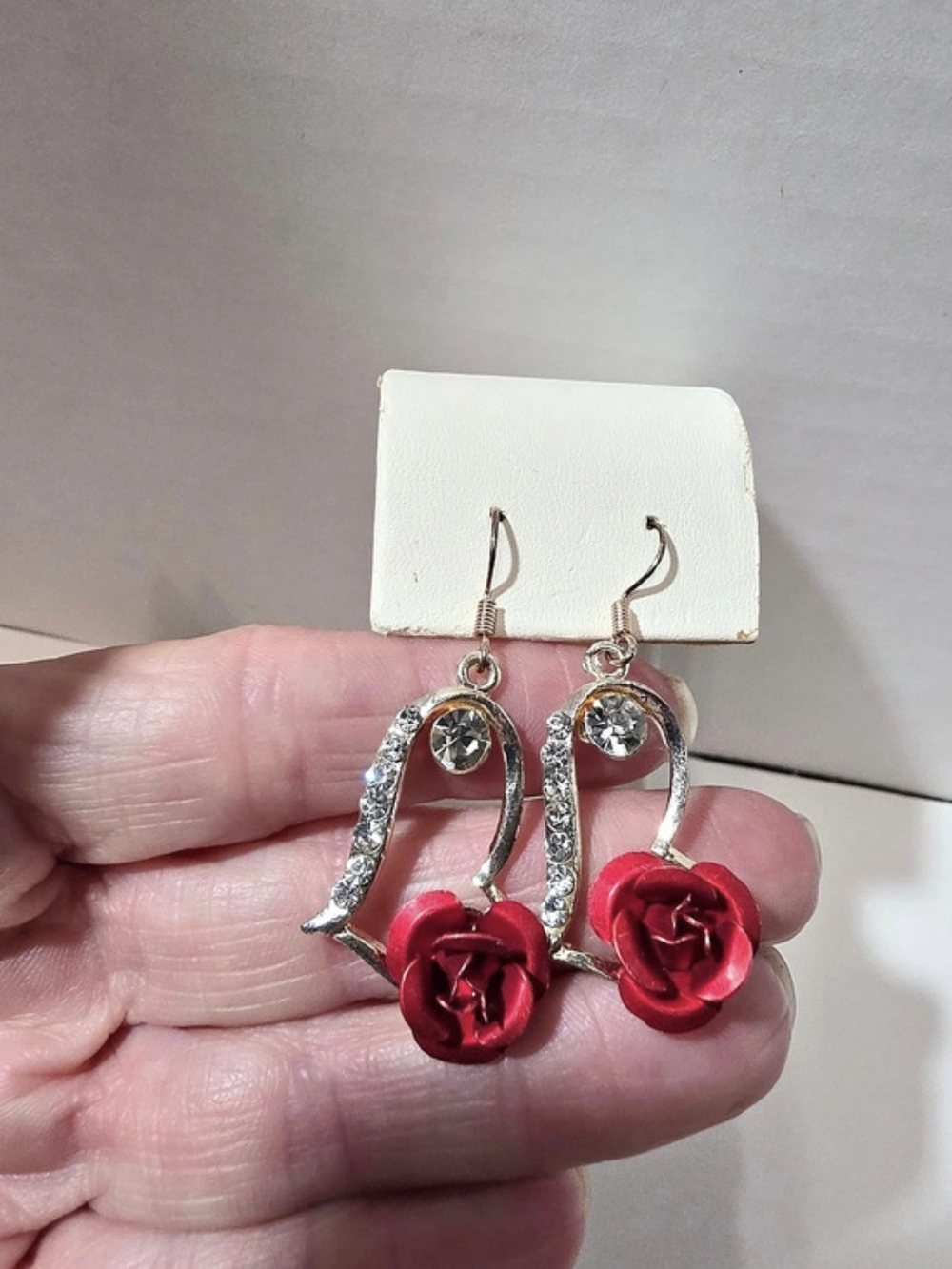 Red Floral Rhinestone Drop Earrings